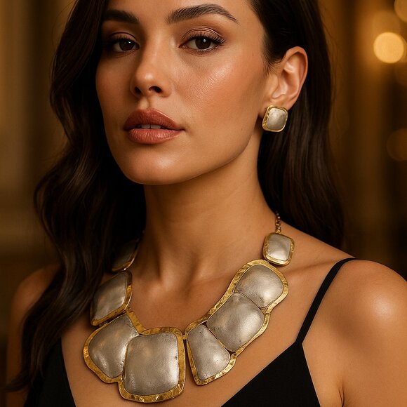 Brand New Chunky Two Tone Gold Plated Minimalist Necklace and Earrings Set - Picture 1 of 5